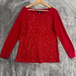 Chaps Raglan Thermal Top XL Red Sequined Classic Holiday Christmas Pullover